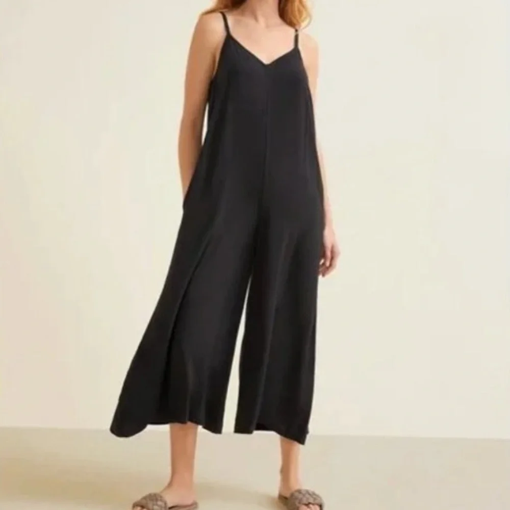 Garnet Hill Wide Leg Relaxed Fit Adjustable Strap Viscose Jumpsuit Black XS